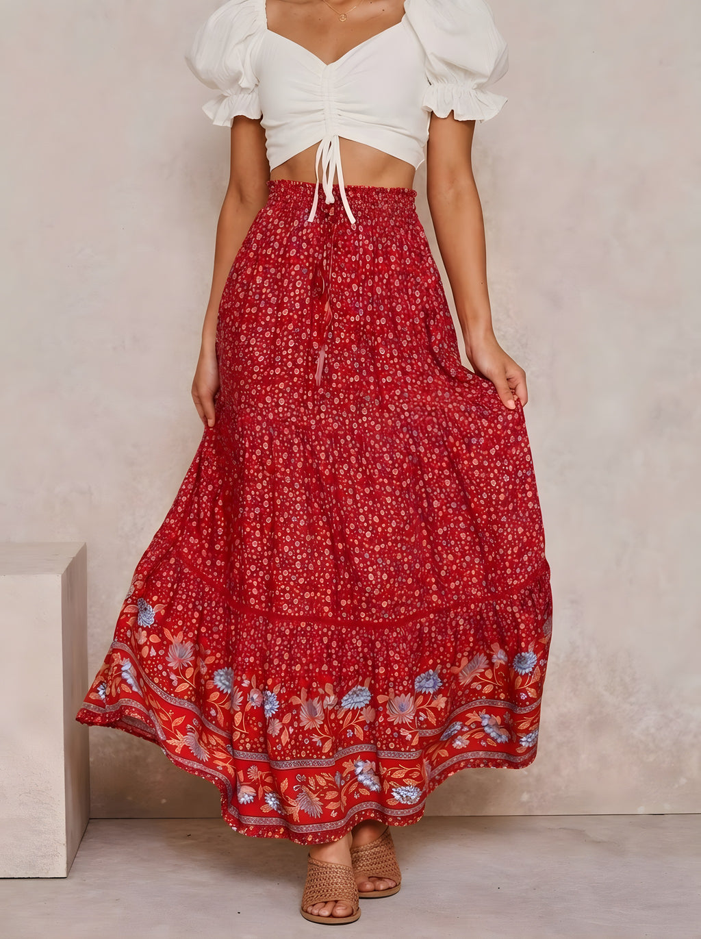 Jupe Hippie Chic Longue Rouge à Fleurs