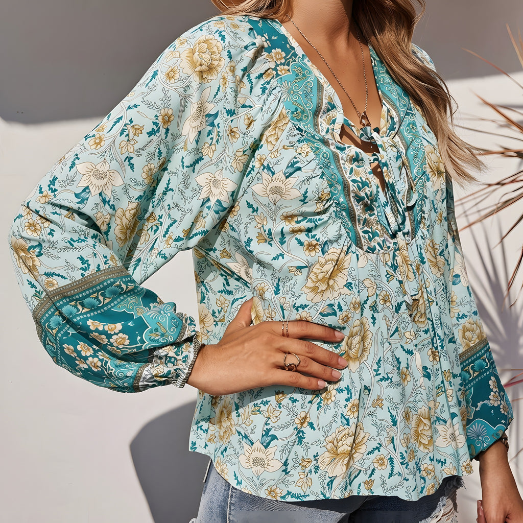 Blouse Bohème Femme, Col Lacé & Imprimé Fleuri