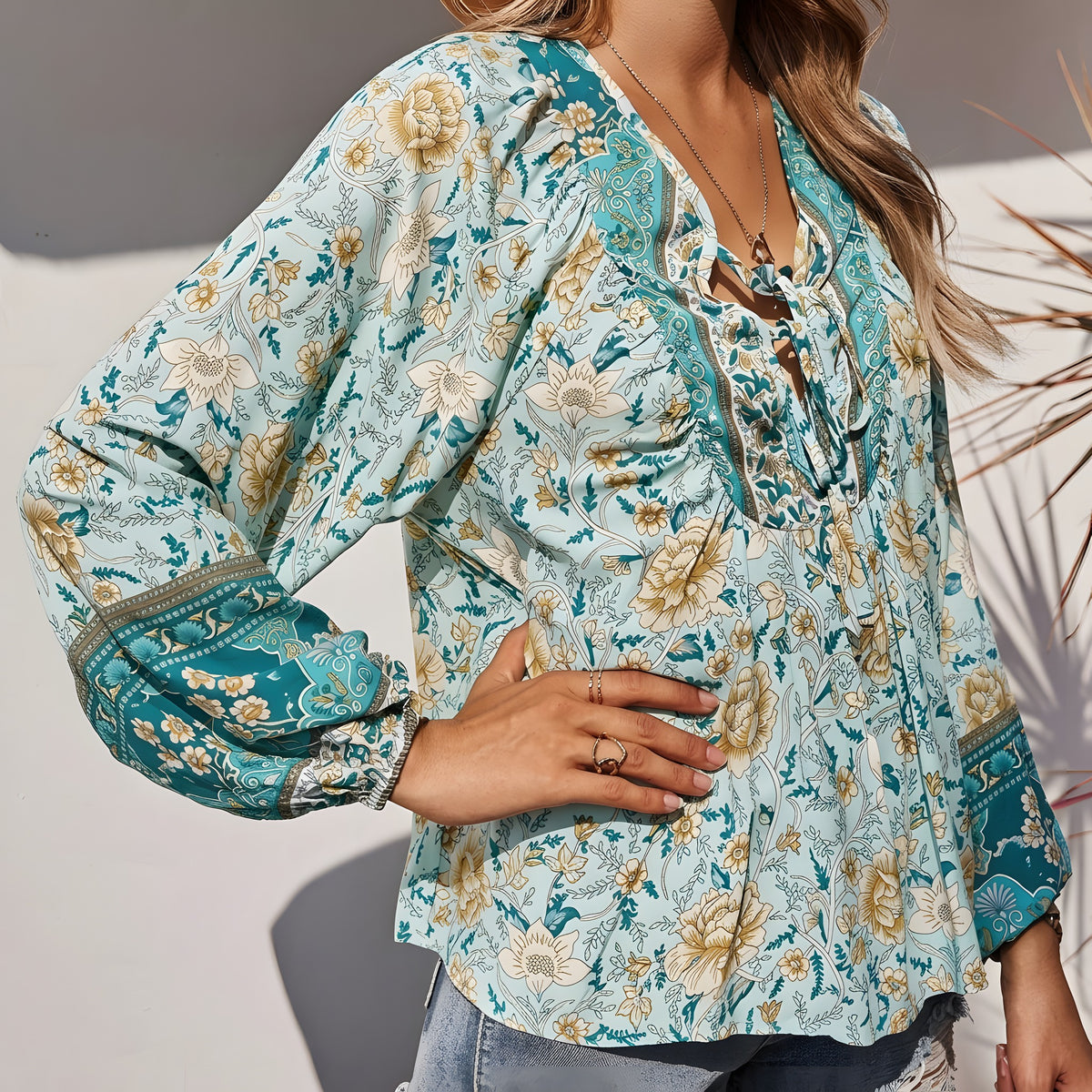 Blouse Bohème Femme, Col Lacé & Imprimé Fleuri