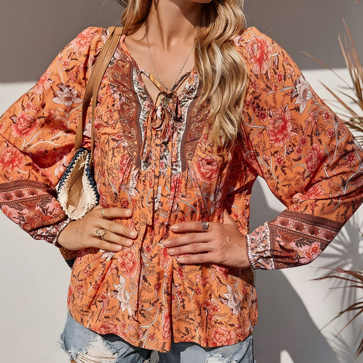 Blouse Bohème Femme, Col Lacé & Imprimé Fleuri