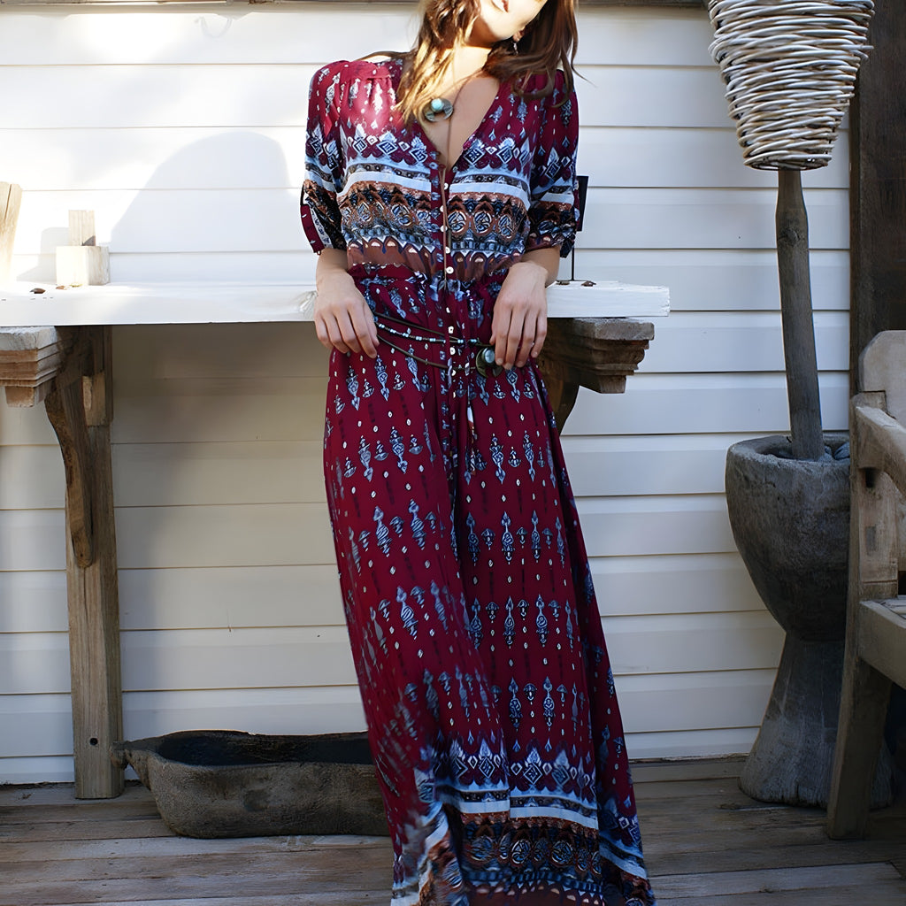 Robe Longue Bohème Hippie Chic Boutonnée à Col V