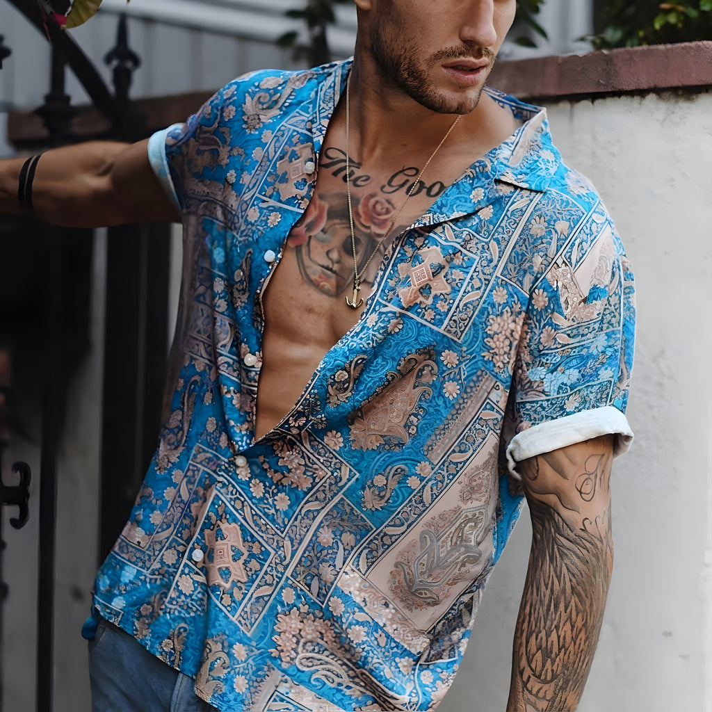 Chemise Hippie Homme à Fleurs, Col Cubain