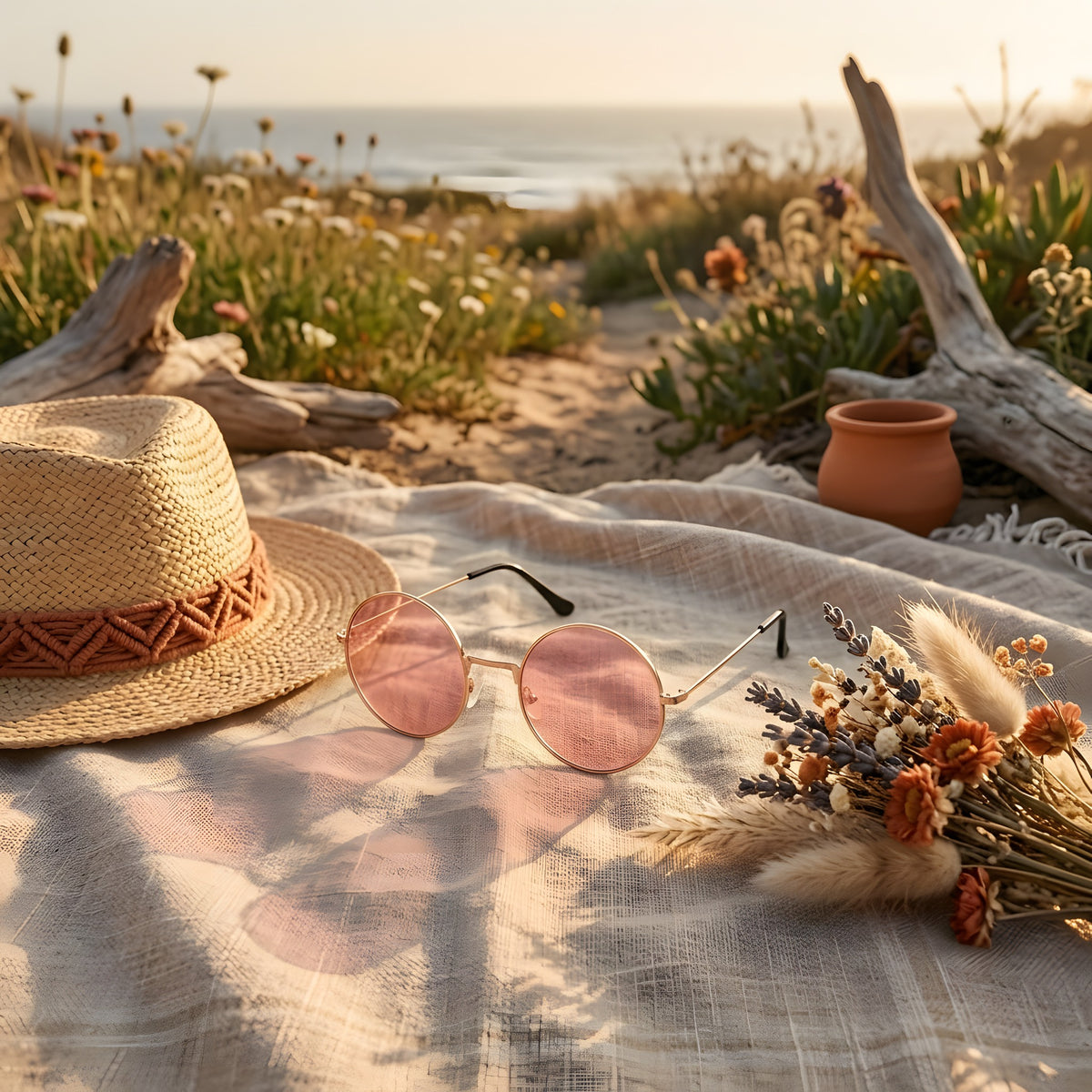 Lunette de Soleil Ronde Hippie Femme · Monture Dorée