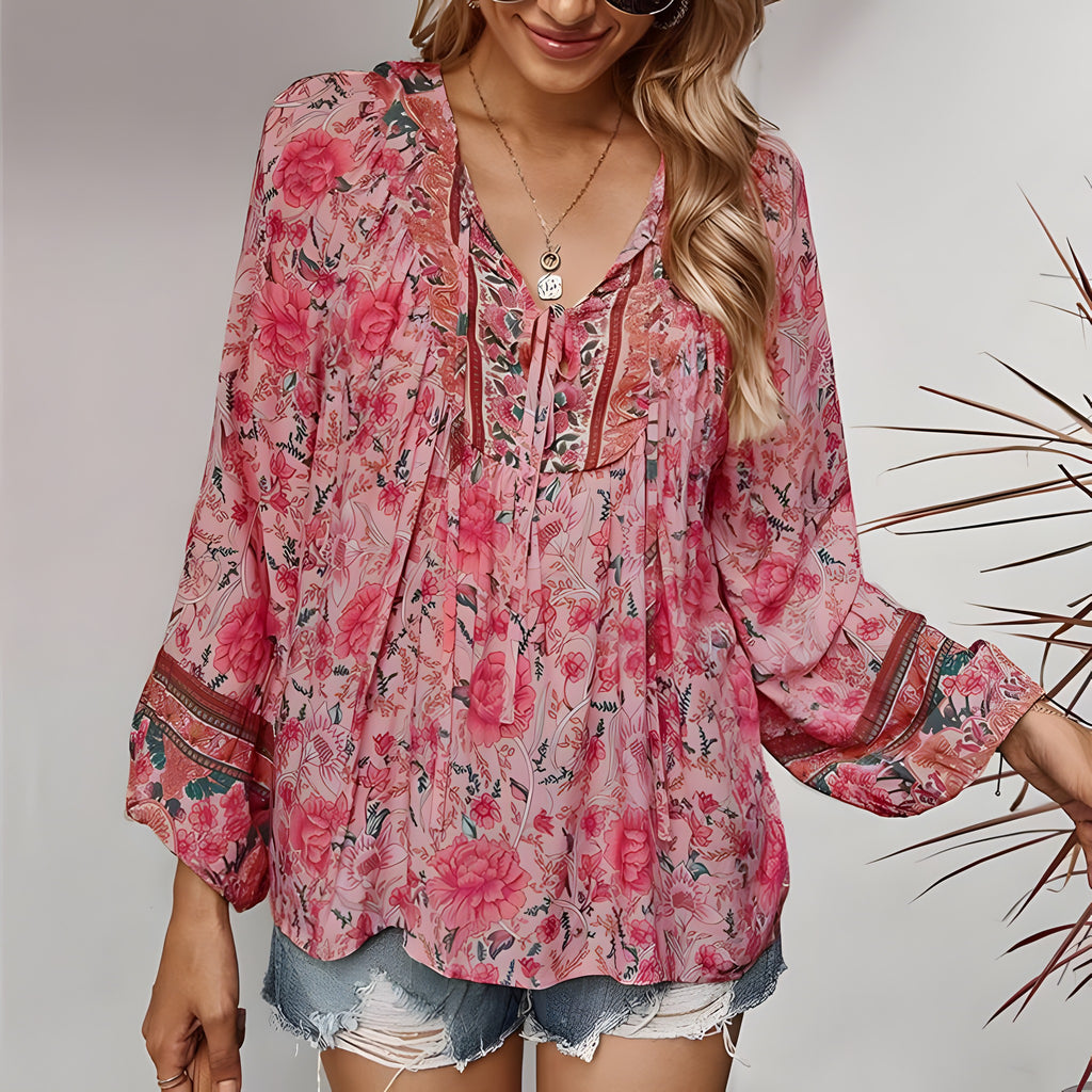Blouse Bohème Femme, Col Lacé & Imprimé Fleuri