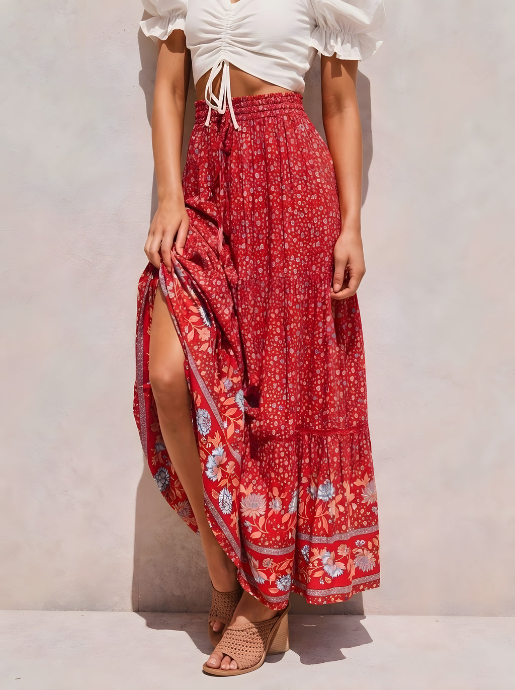 Jupe Hippie Chic Longue Rouge à Fleurs