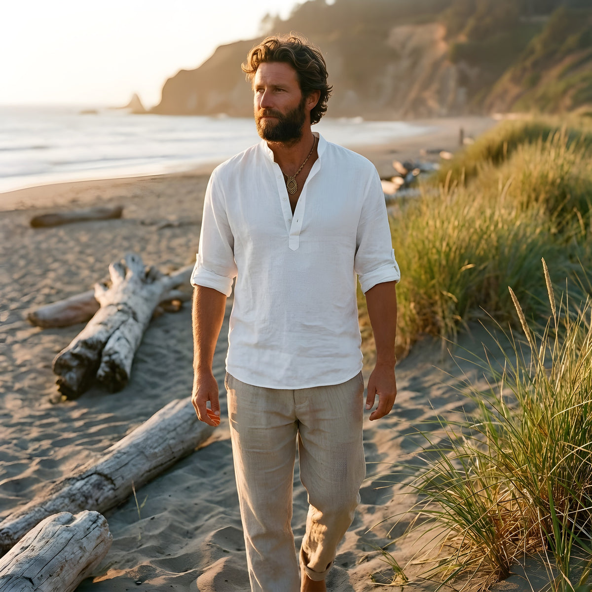 Chemise Blanche Hippie Homme en Lin, Col Tunisien