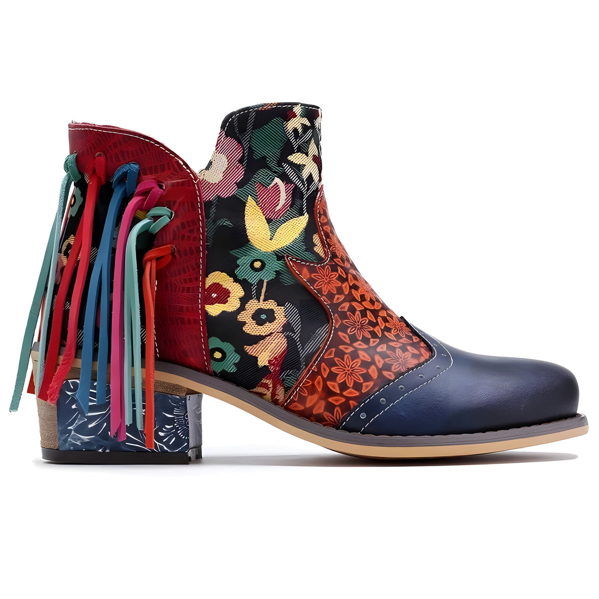 Bottines bohèmes vue arrière, franges arc-en-ciel et talon bloc