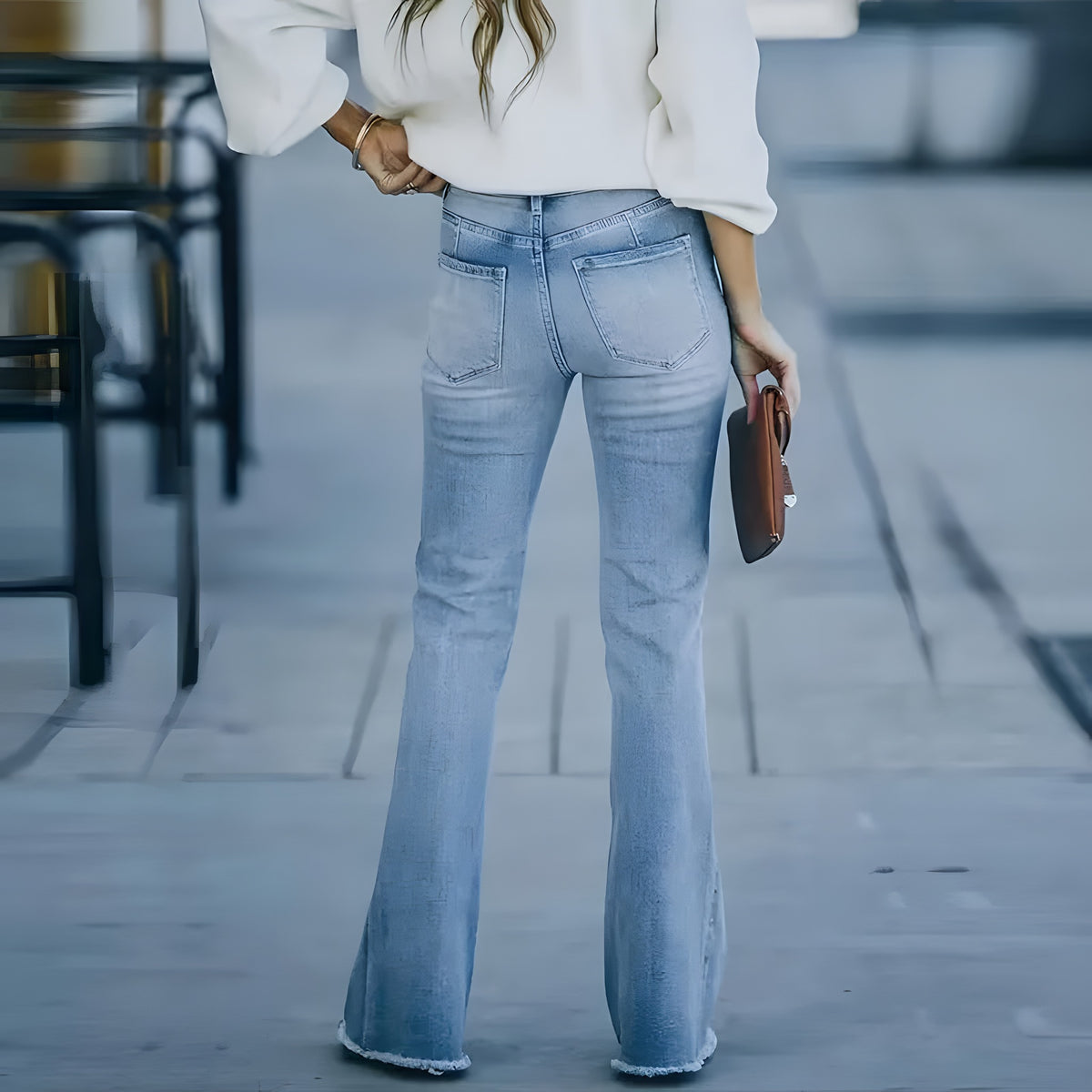 Jean Patte d'Éléphant Bleu Clair · Taille Haute Ourlet Frangé