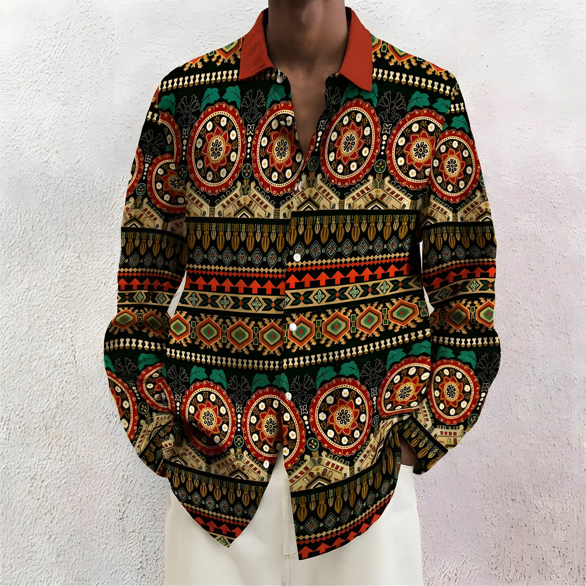 Chemise hippie homme à imprimé ethnique et col terracotta, vue de face Image