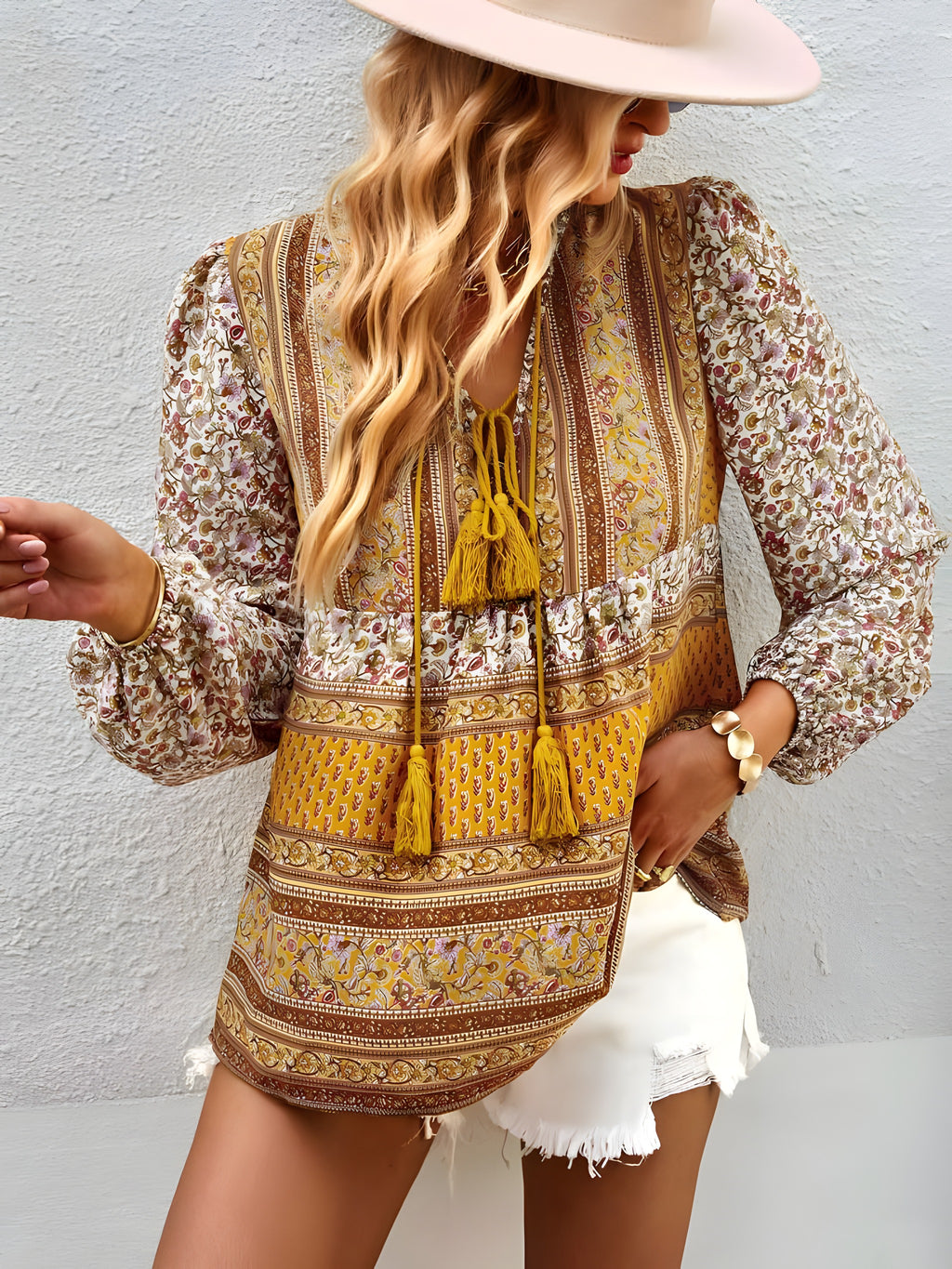Tunique Hippie Chic à Col Laçage, Manches Bouffantes