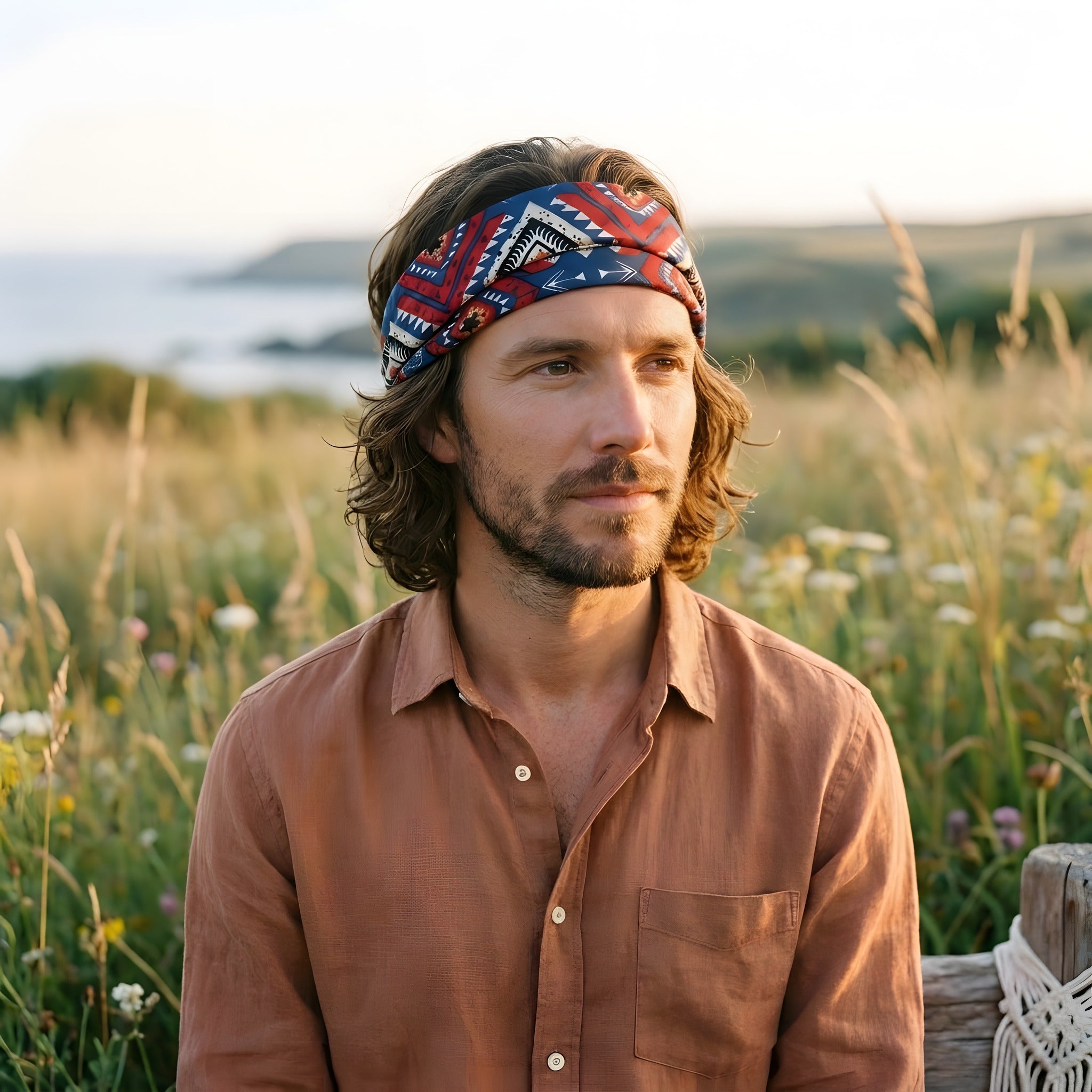 Modèle portant le bandeau cheveux homme hippie à motif ethnique, plan rapproché de profil, chemise terracotta Image