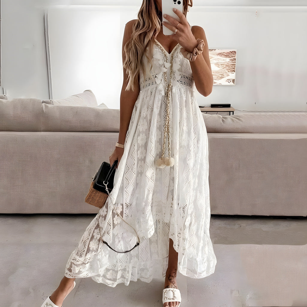 Robe Longue Blanche Bohème Hippie · Dentelle & Pompons
