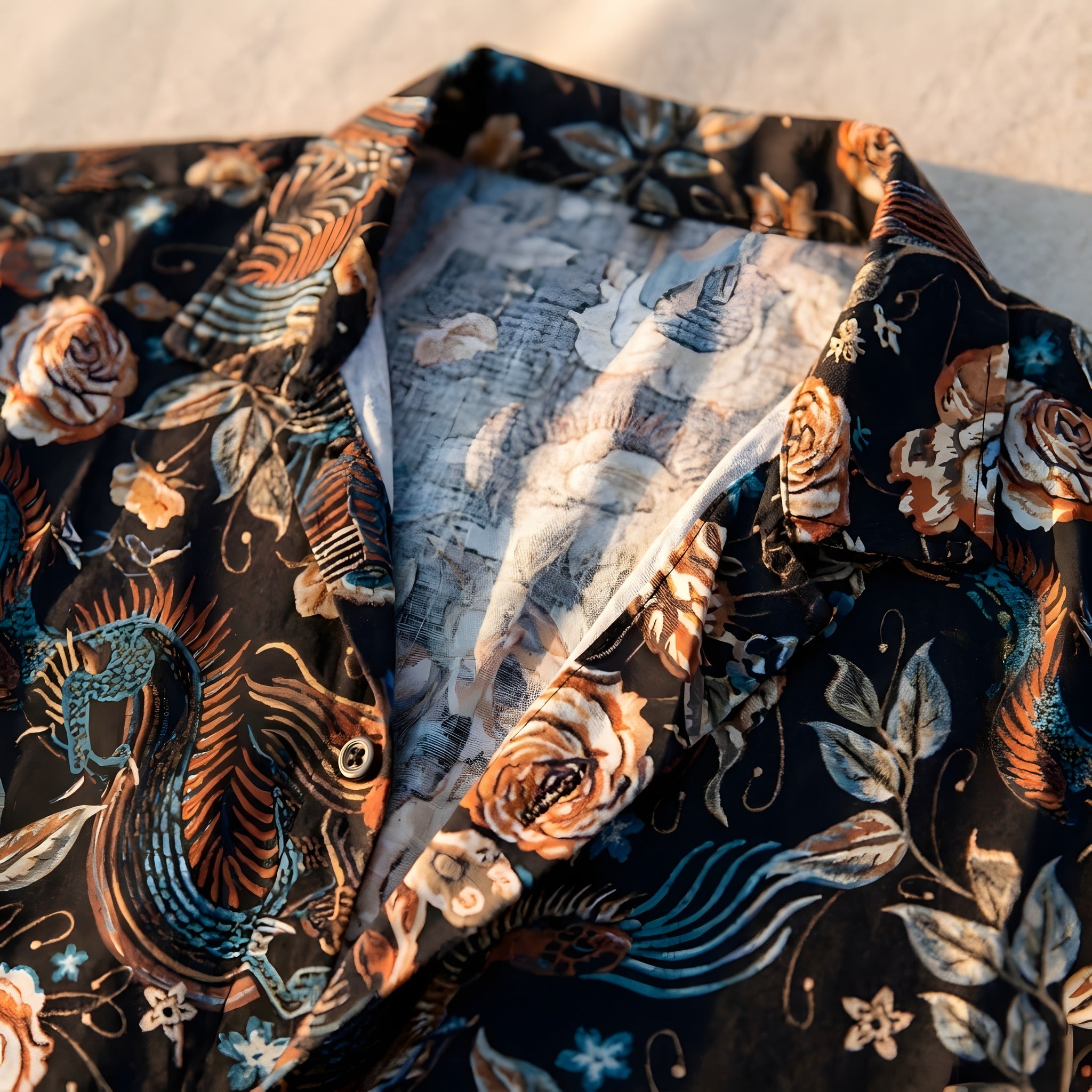 Chemise hippie homme noire à imprimé floral posée à plat, détail du motif Image