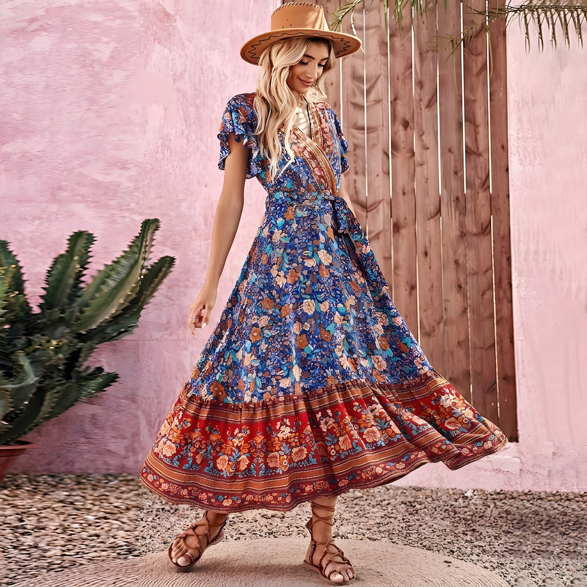 Robe Longue Bohème Hippie Chic, Cache-Cœur Fleuri