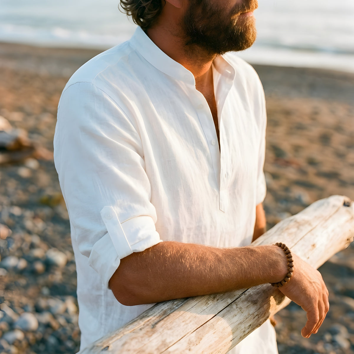Chemise Blanche Hippie Homme en Lin, Col Tunisien