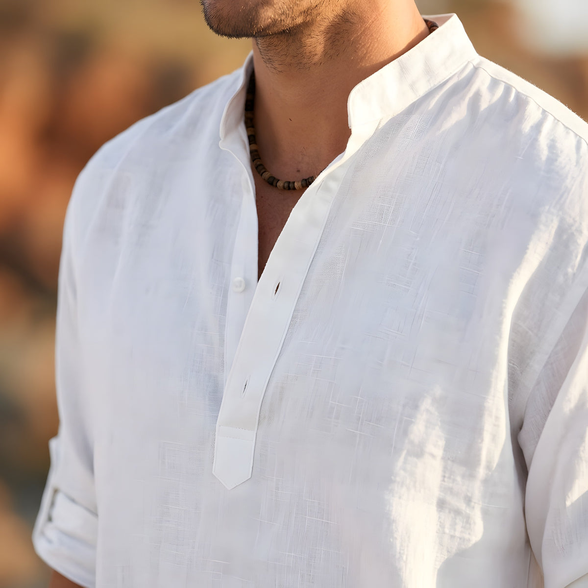 Chemise Blanche Hippie Homme en Lin, Col Tunisien