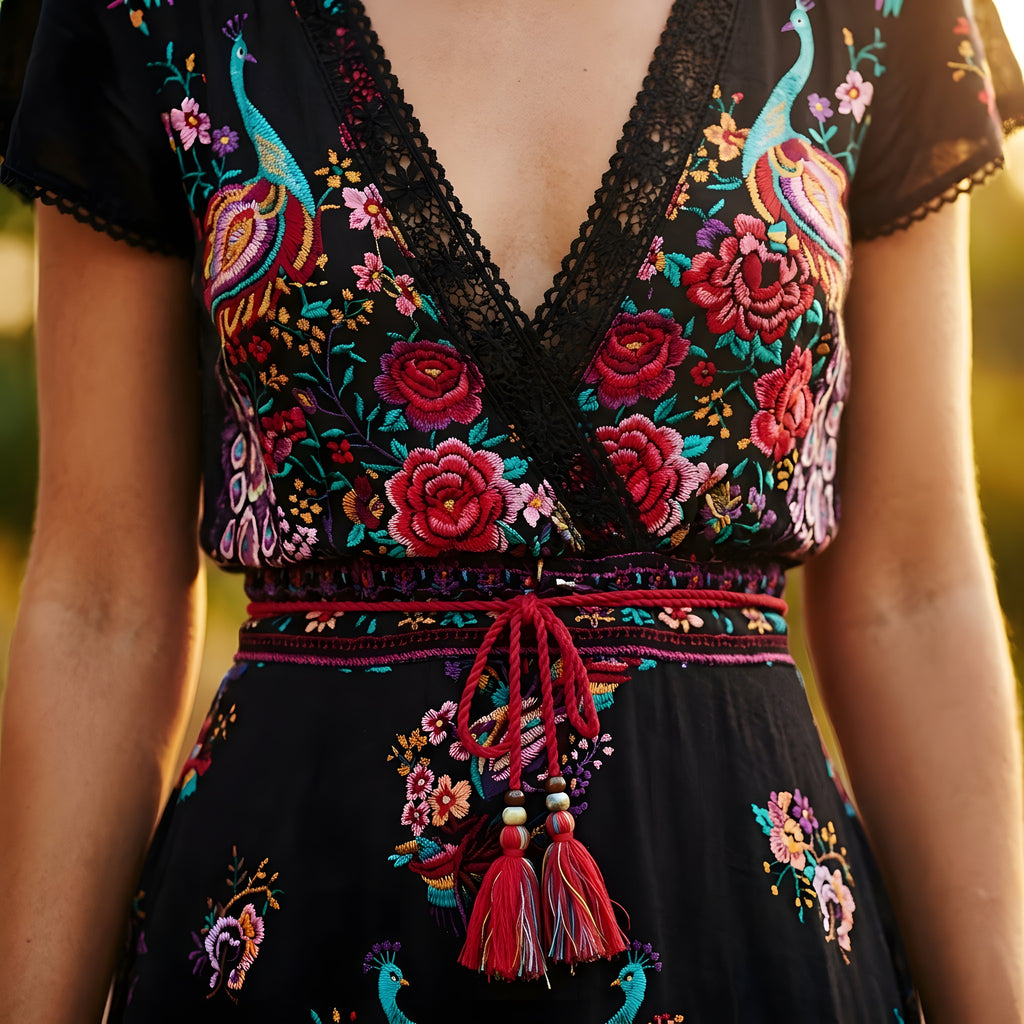 Tenue Femme Noire Hippie · Robe Fleurie Col V Dentelle