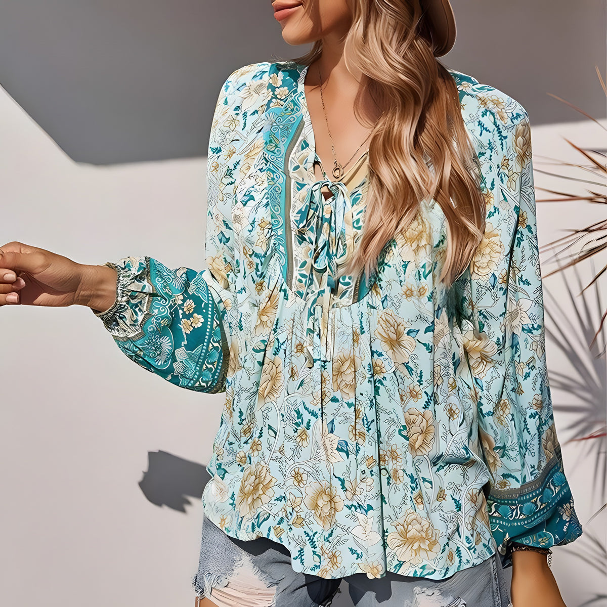 Blouse Bohème Femme, Col Lacé & Imprimé Fleuri