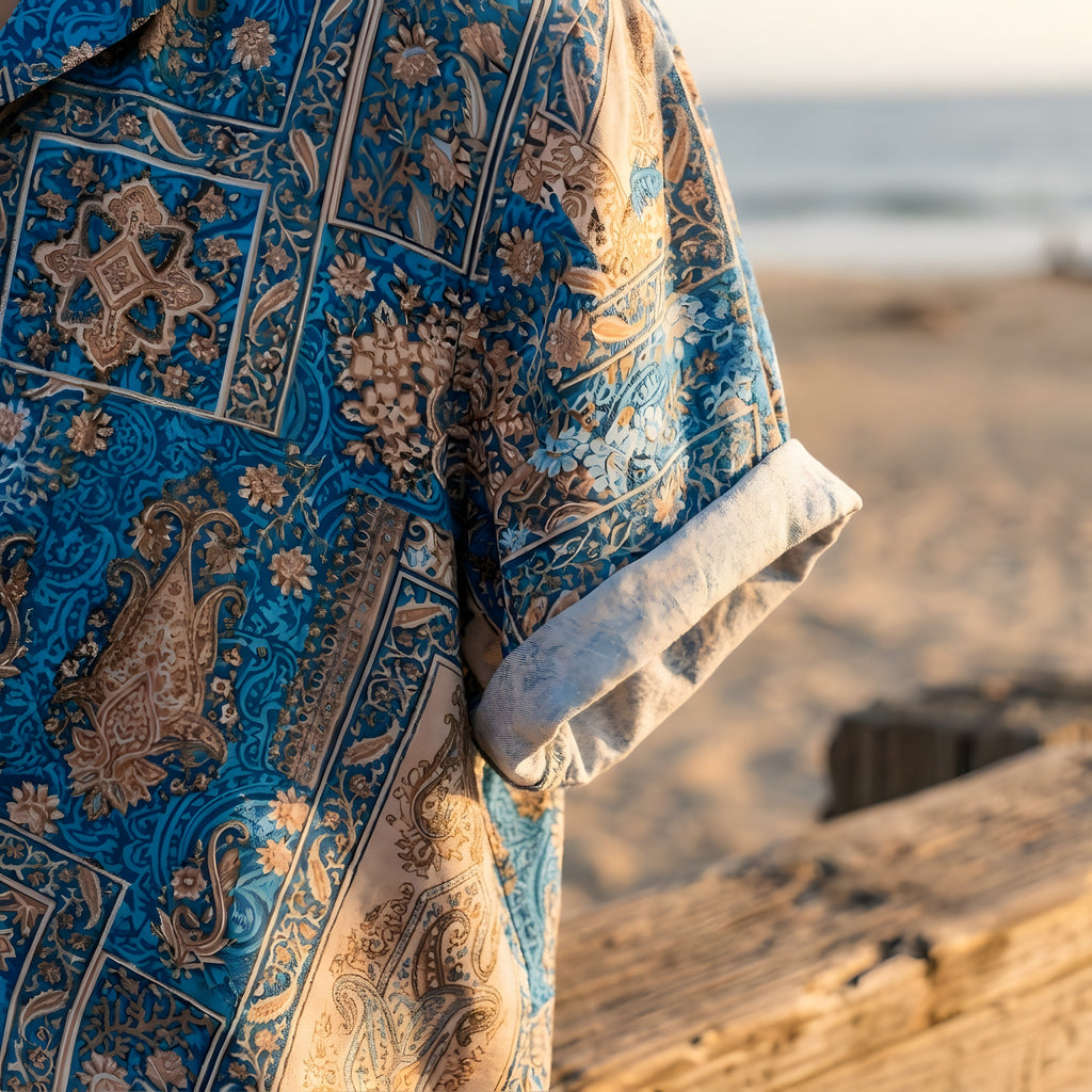 Chemise Hippie Homme à Fleurs, Col Cubain
