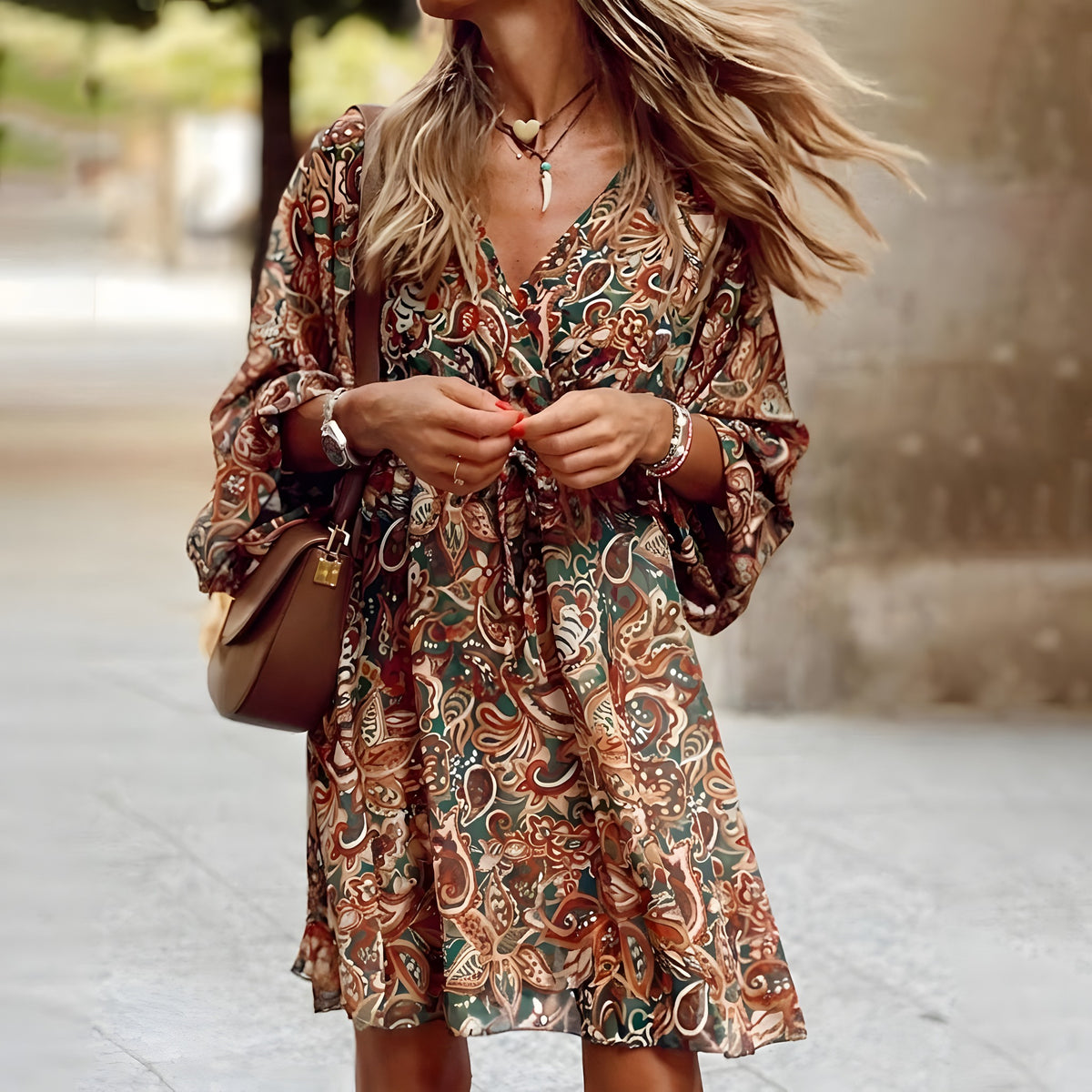 Robe bohème kaki à imprimé paisley portée en extérieur Bild