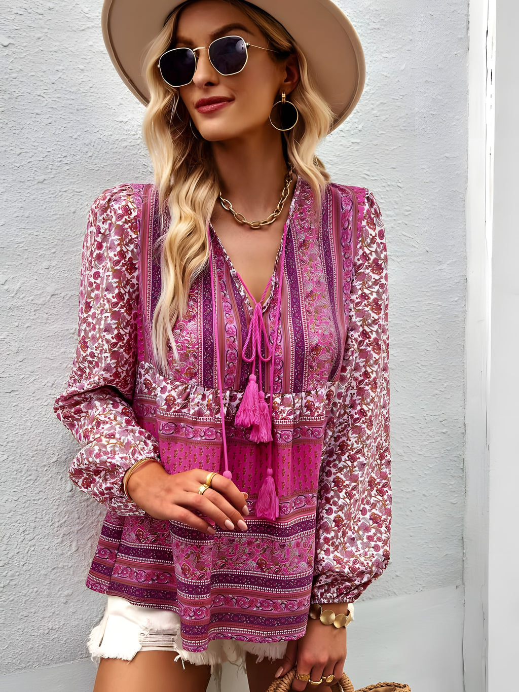 Tunique Hippie Chic à Col Laçage, Manches Bouffantes