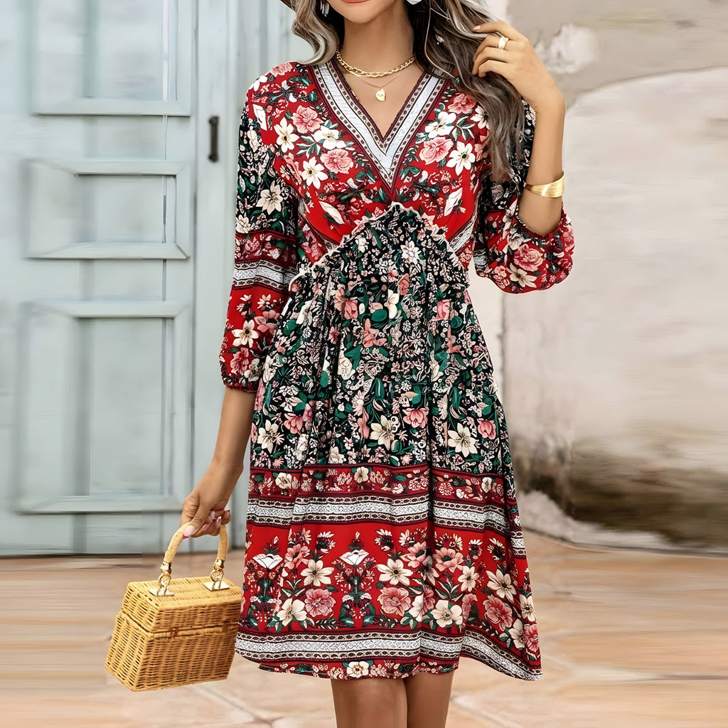 Robe Courte Hippie Chic à Col V Fleuri