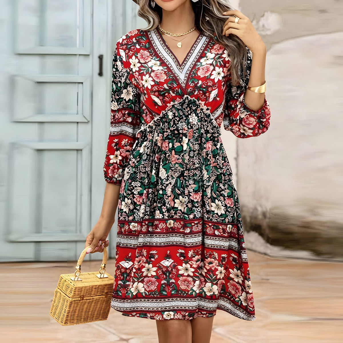Robe courte hippie rouge fleurie portée avec un panier Image