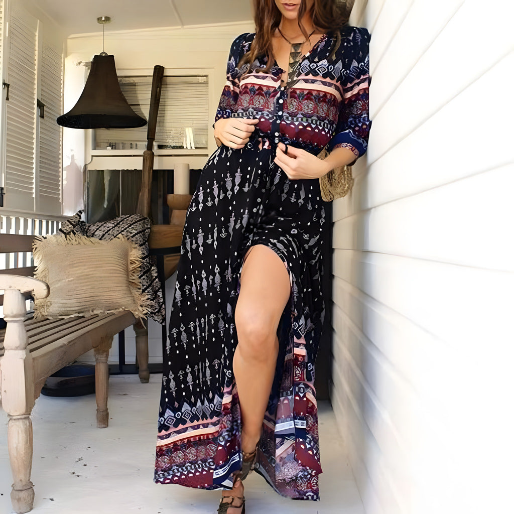 Robe Longue Bohème Hippie Chic Boutonnée à Col V