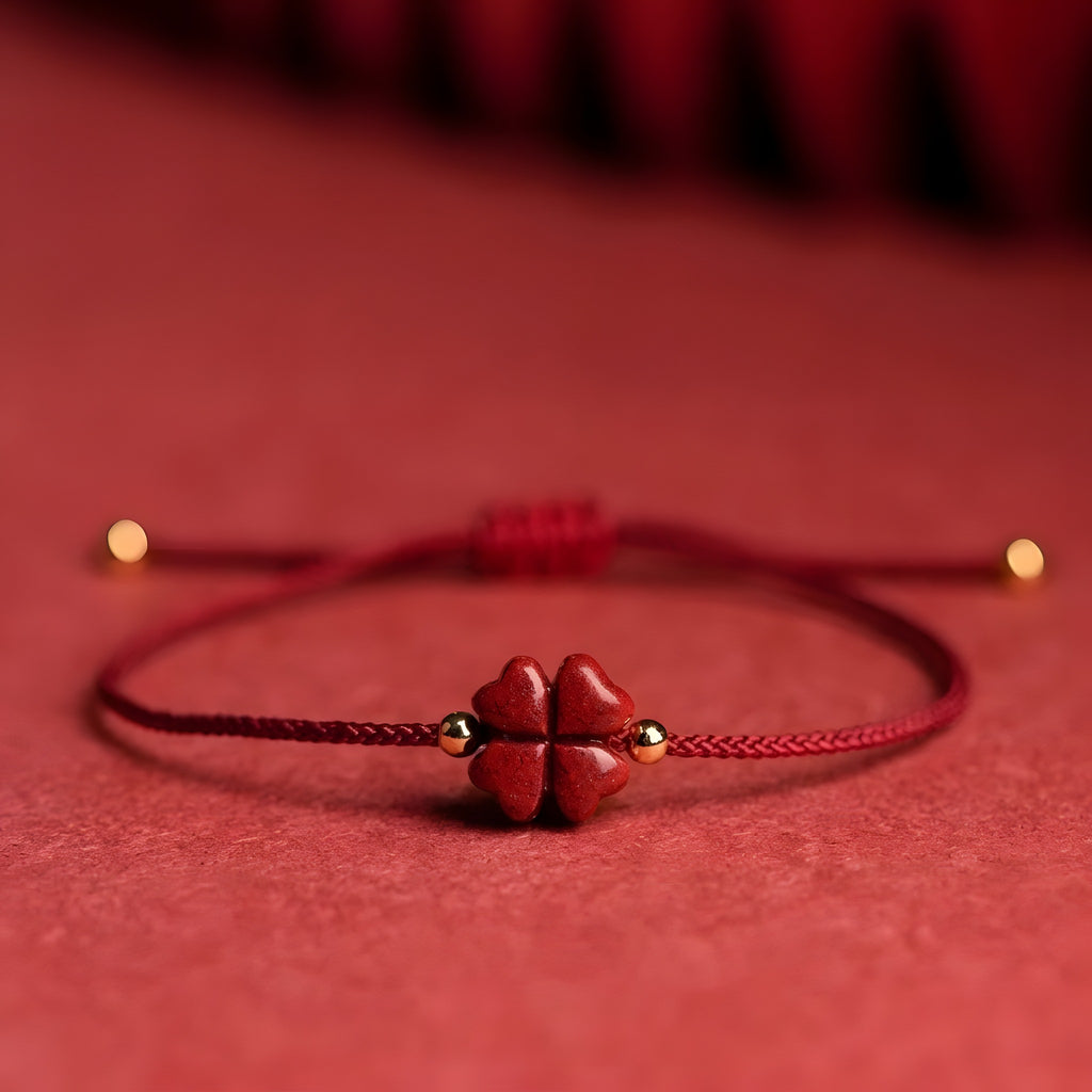 Bracelet Fil Rouge Porte-Bonheur, Trèfle à Quatre Feuilles