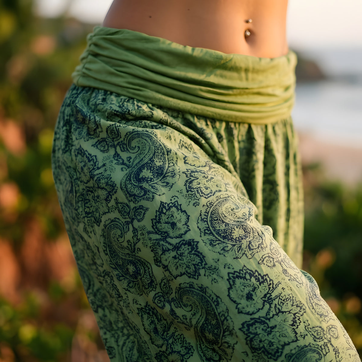 Sarouel Femme Vert Bouffant, Imprimé Cachemire