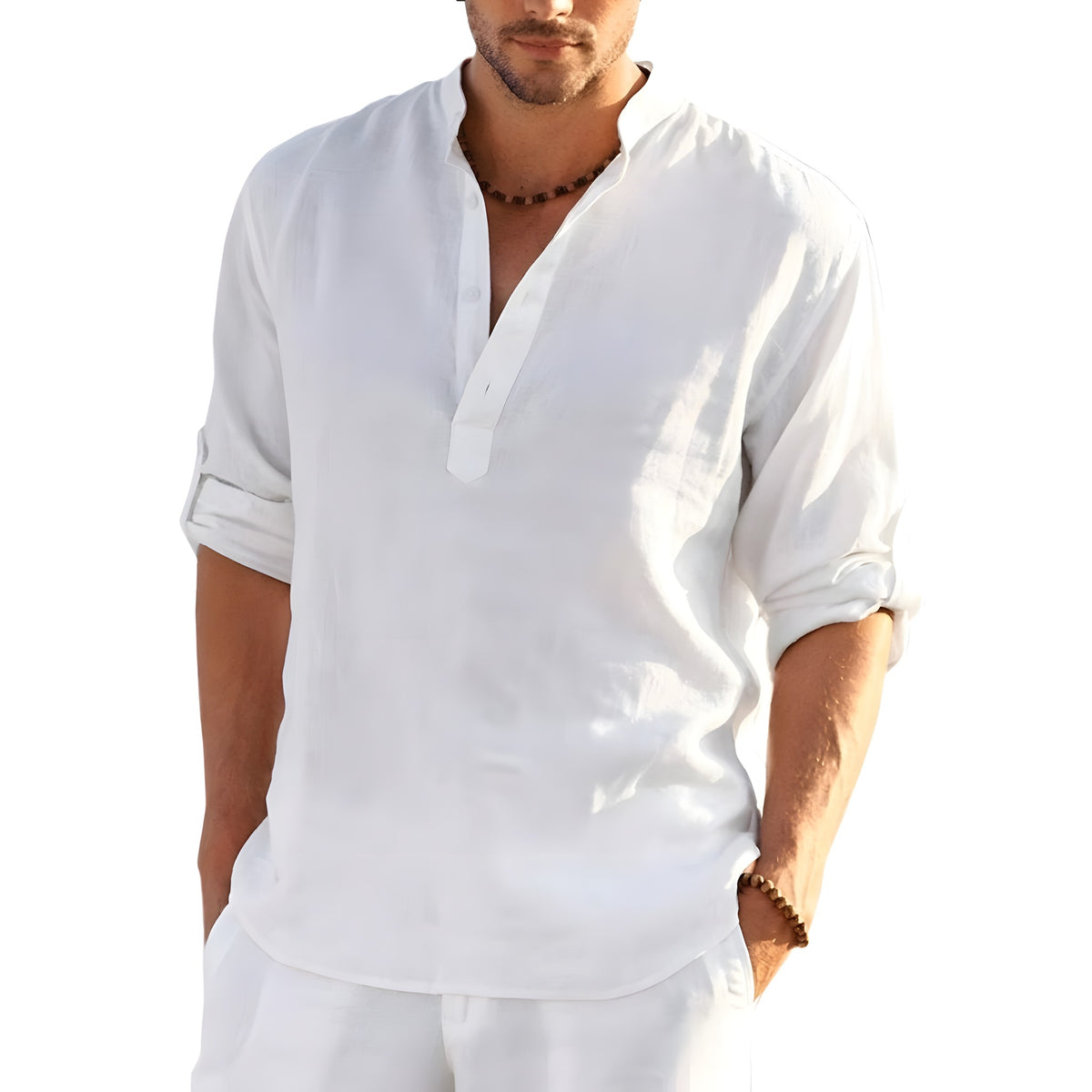 Chemise Blanche Hippie Homme en Lin, Col Tunisien