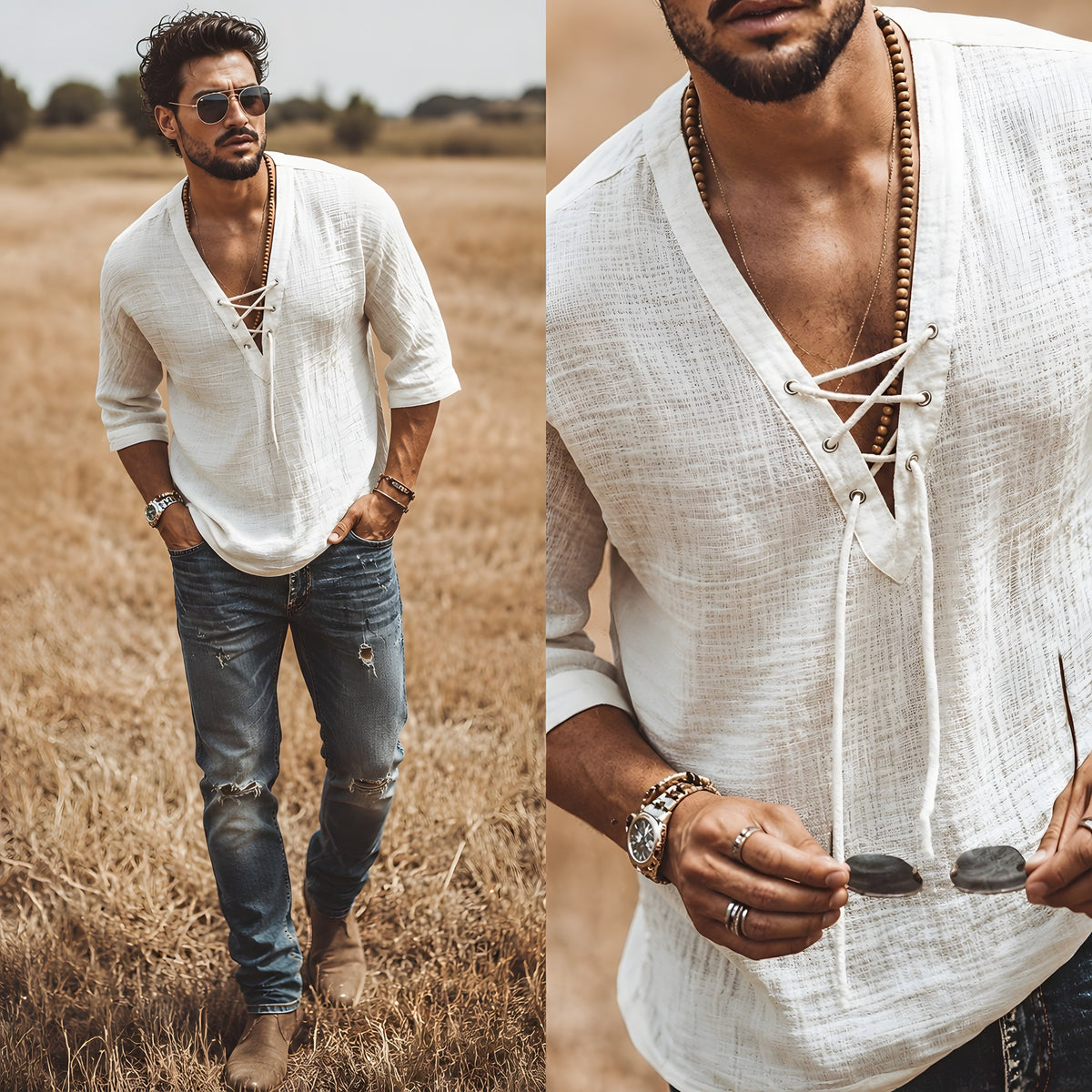 Chemise Hippie Homme Moderne · Col Lacé Coton Léger
