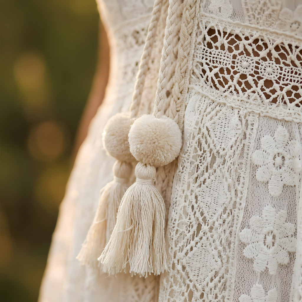 Robe Longue Blanche Bohème Hippie · Dentelle & Pompons
