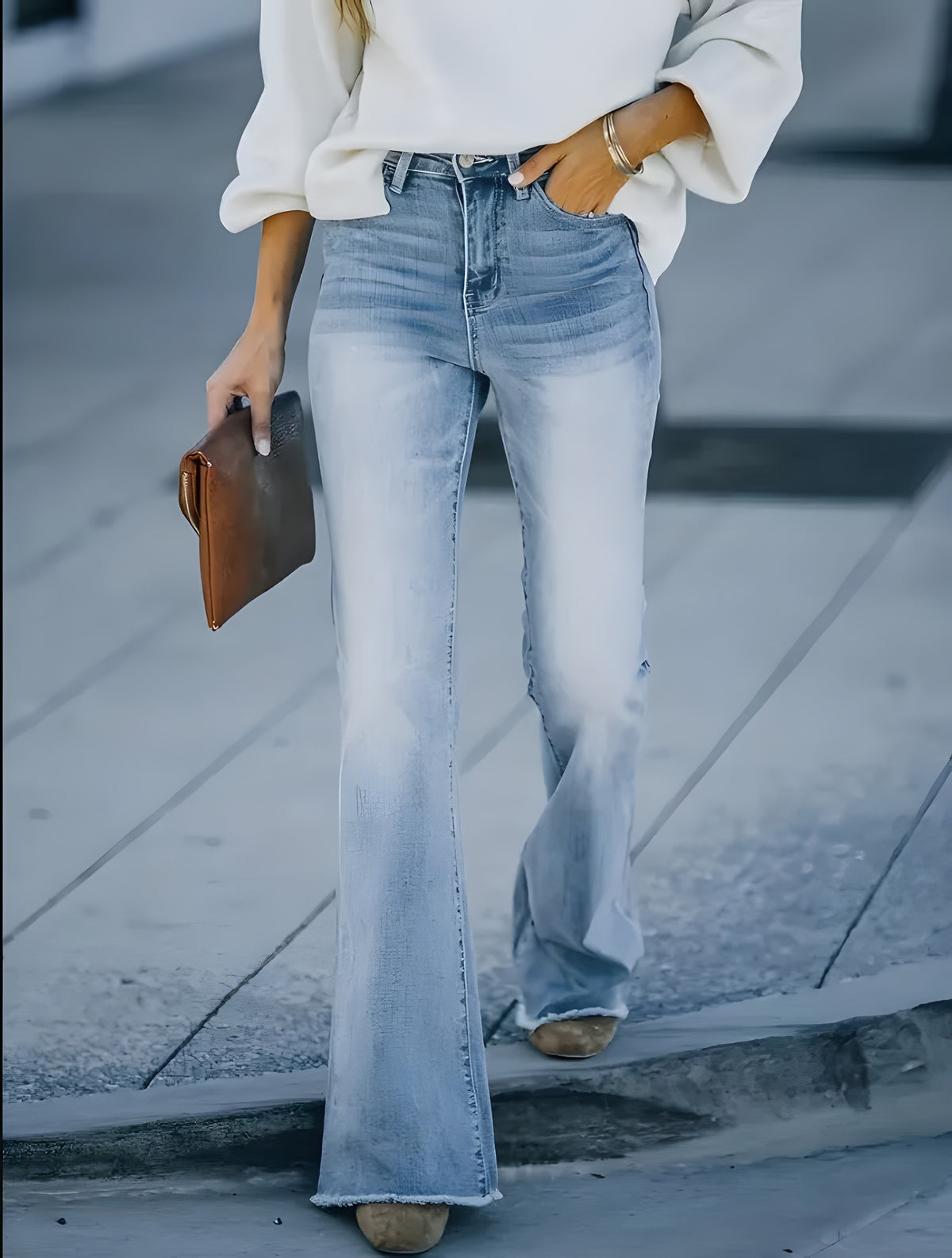 Jean Patte d'Éléphant Bleu Clair · Taille Haute Ourlet Frangé