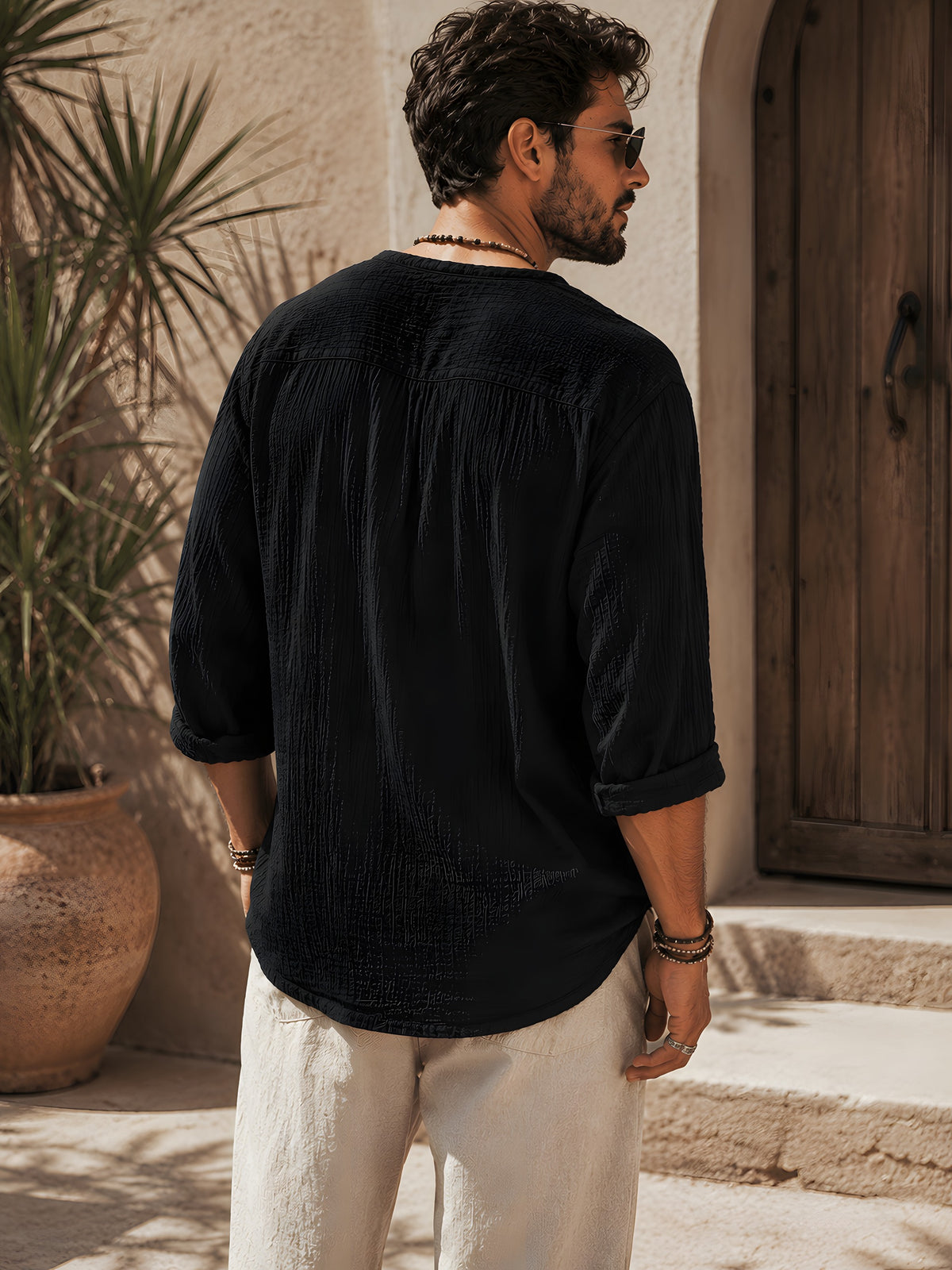 T-shirt Hippie Homme Col Lacé en Coton Froissé