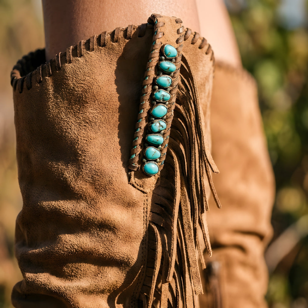 Bottes à Franges Hippie Hautes en Daim Marron