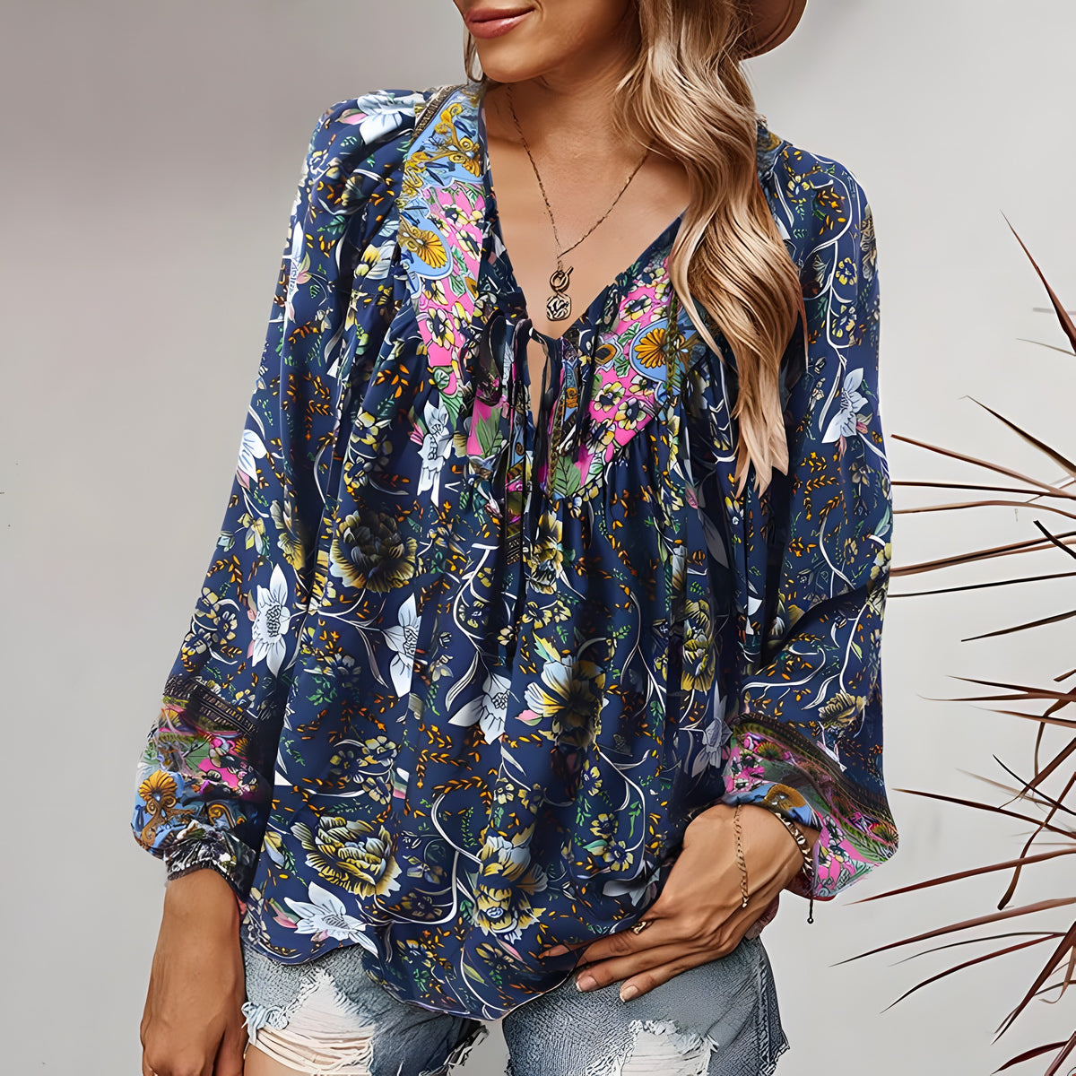 Blouse Bohème Femme, Col Lacé & Imprimé Fleuri