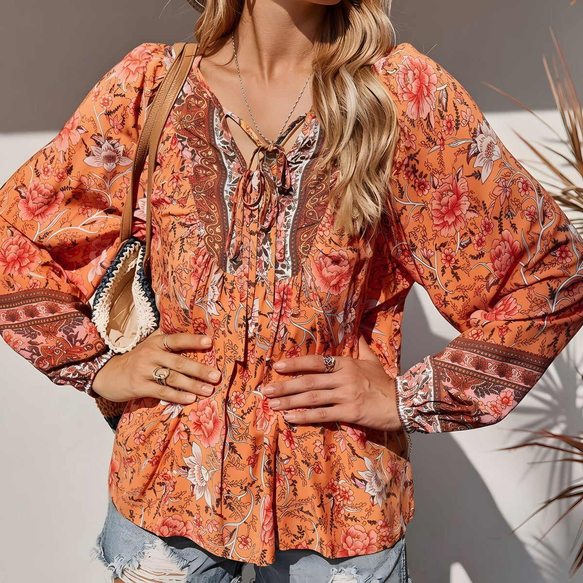 Blouse Bohème Femme, Col Lacé & Imprimé Fleuri