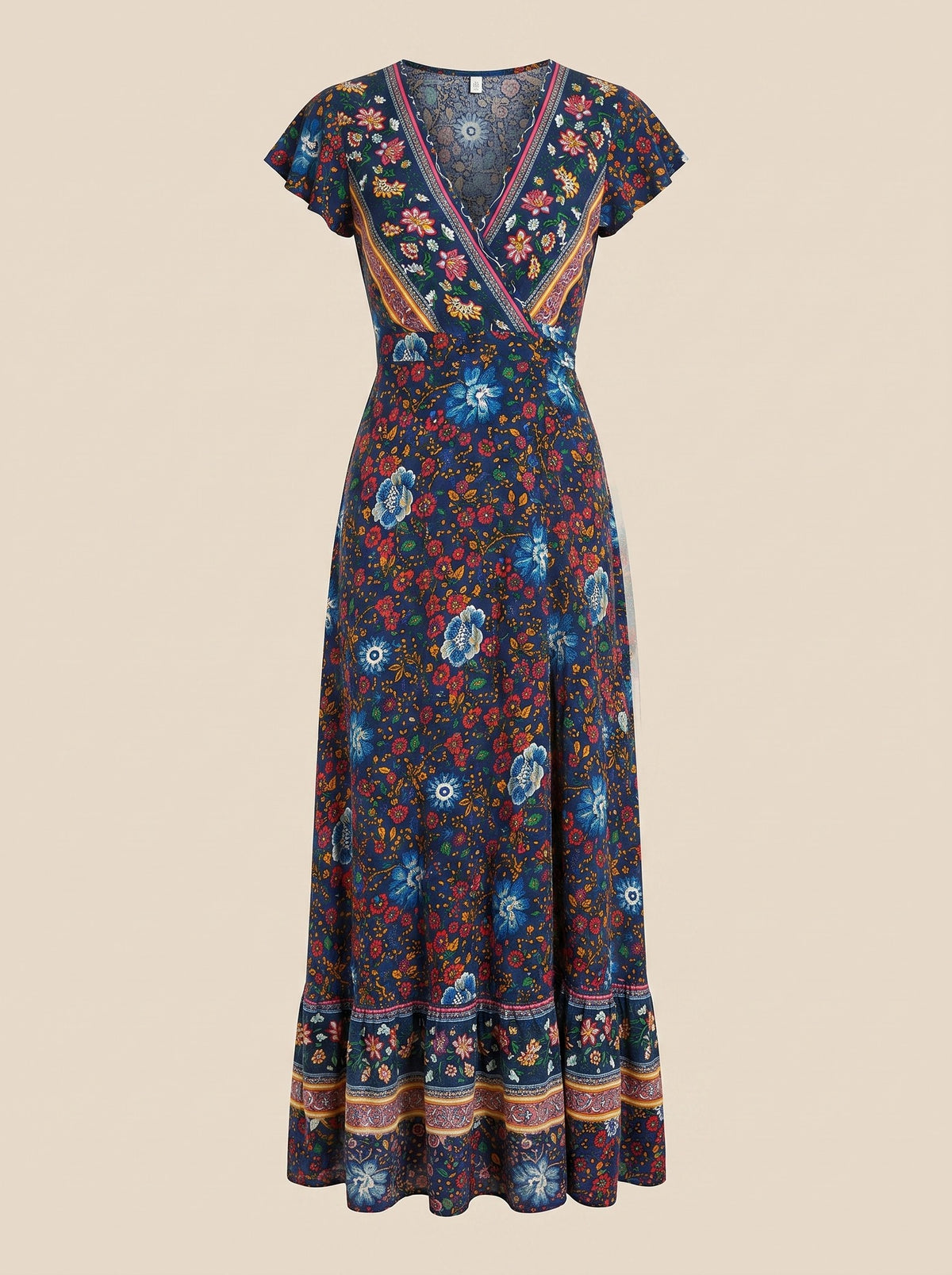 Robe longue hippie bleu marine motif floral packshot