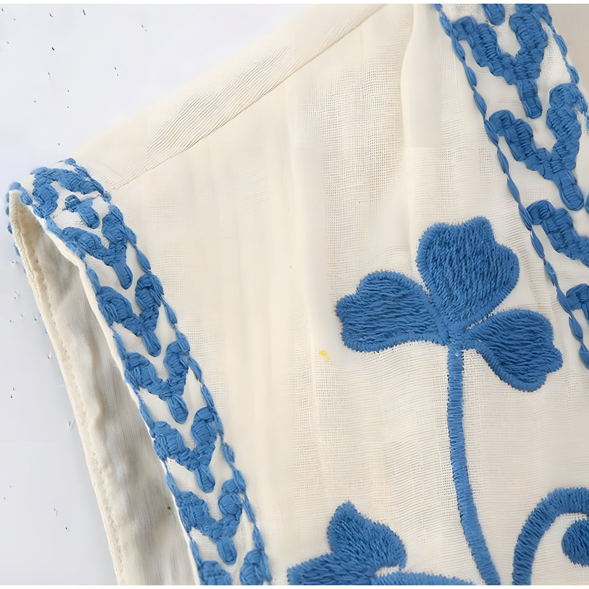 Détail de la broderie florale bleue du gilet sans manches bohème Image