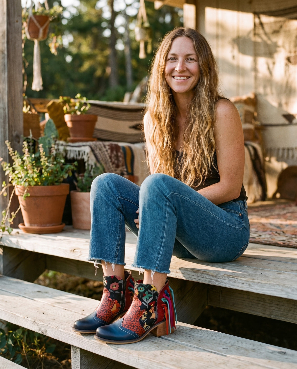 Femme souriante portant les bottines bohèmes avec un jean, décor bohème