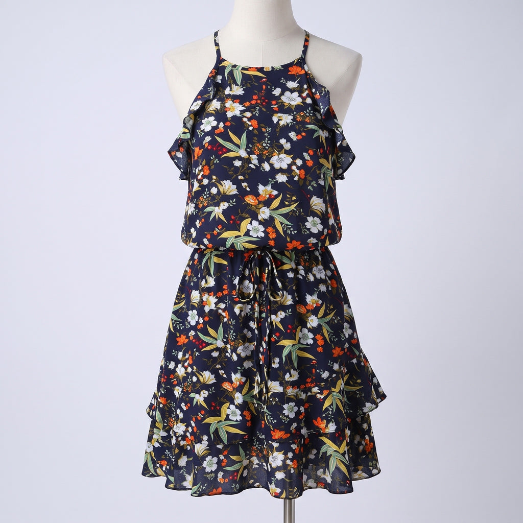 Robe hippie fleurie à volants, col licou dos ouvert - packshot marine