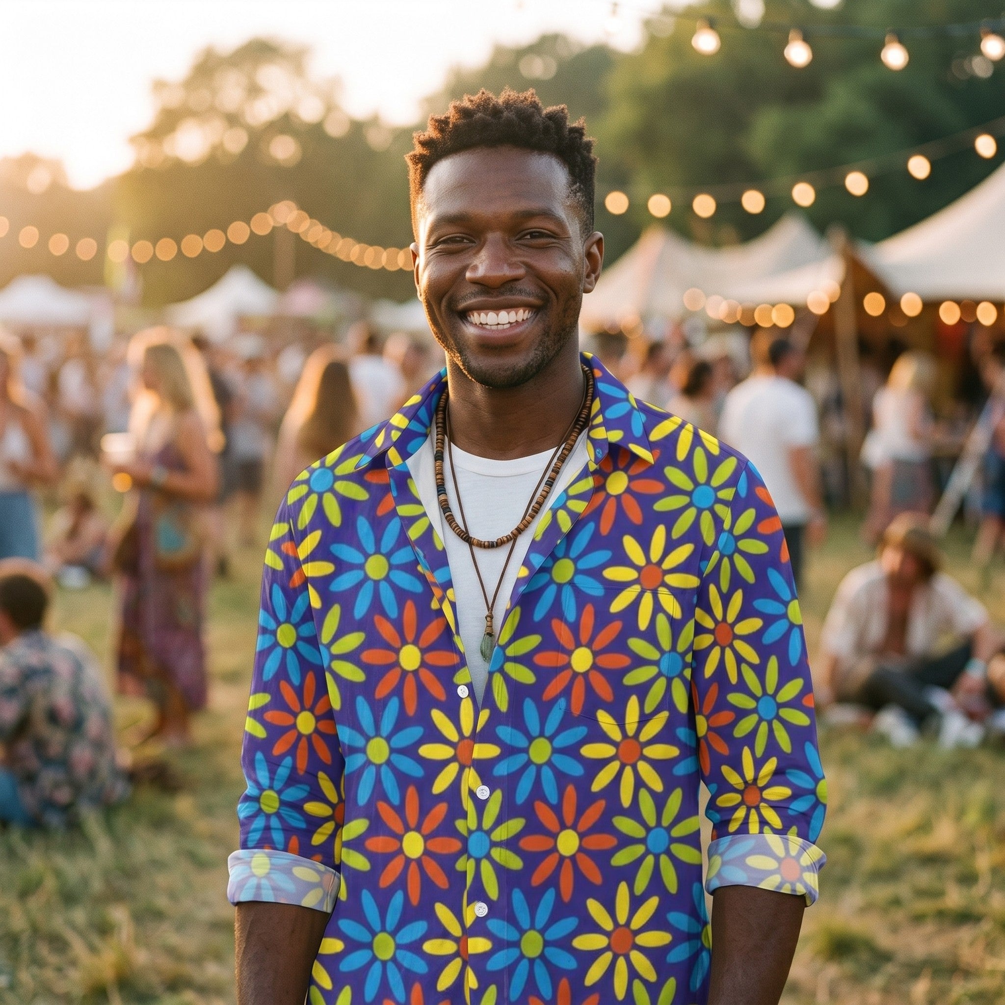 Chemise à fleurs hippie homme portée en festival, imprimé marguerites rétro Image
