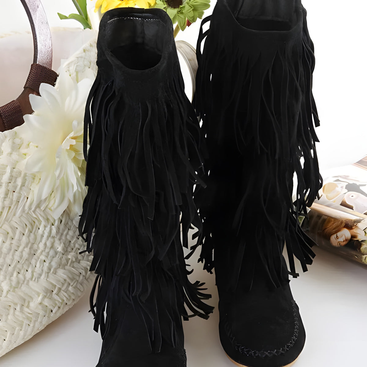 Bottes à franges noires en daim, style mocassin bohème