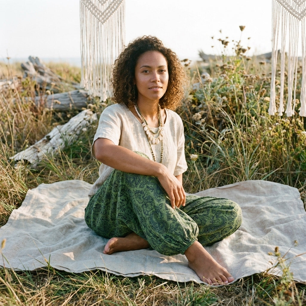 Femme assise en tailleur en sarouel vert, confort et aisance Bild
