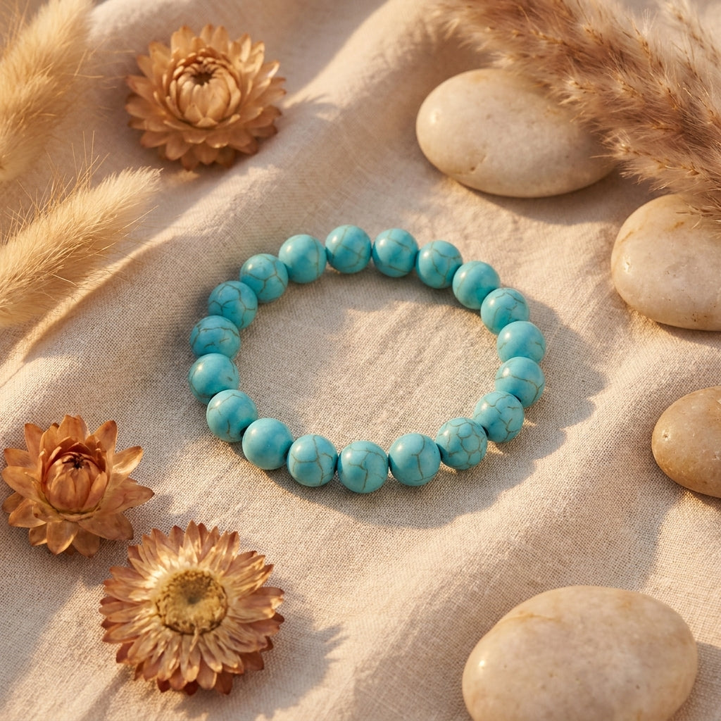 Bracelet turquoise posé sur lin, ambiance bohème