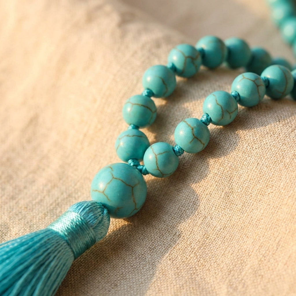 Collier mala turquoise, détail perles et pompon Bild