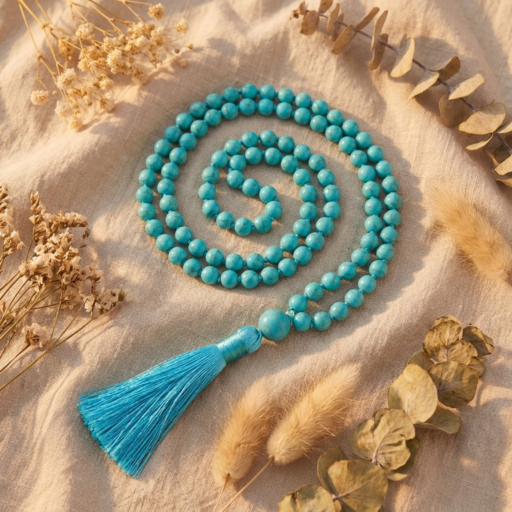 Collier mala turquoise disposé sur lin, ambiance bohème