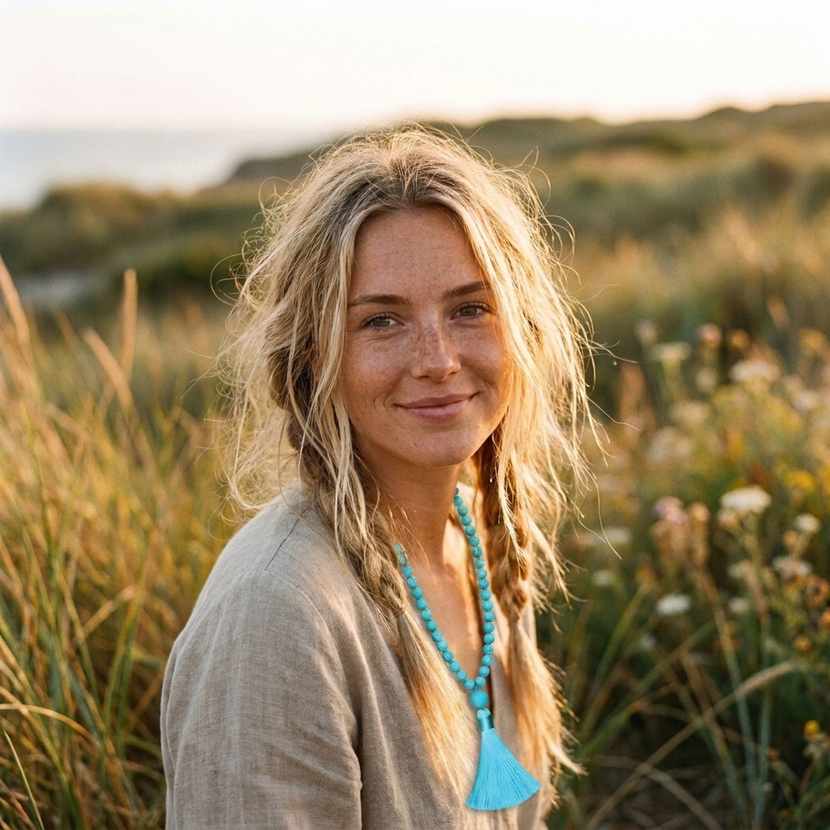 Femme souriante portant le collier sautoir turquoise, décor nature bohème