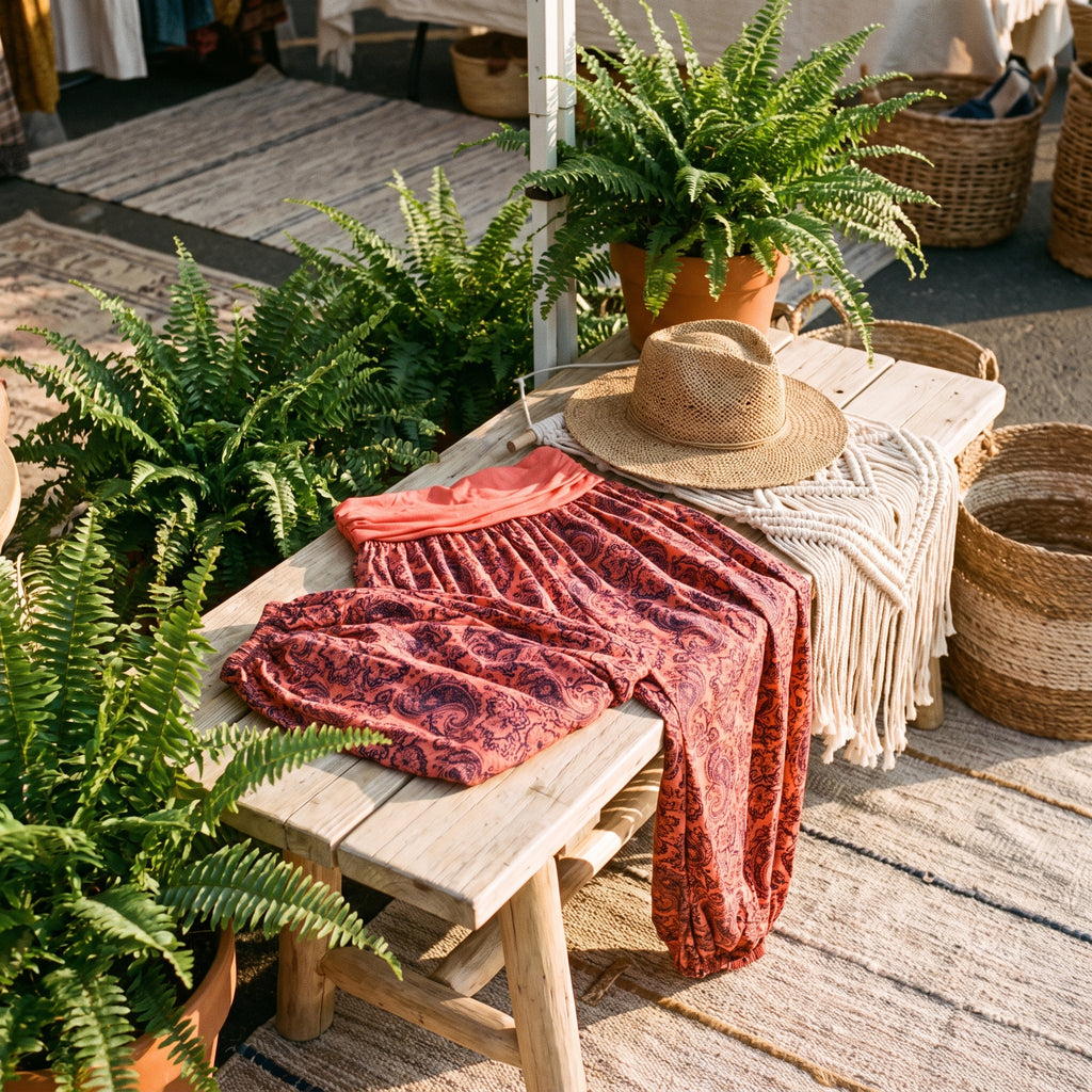 Sarouel rouge à motif cachemire posé sur un banc dans un décor bohème